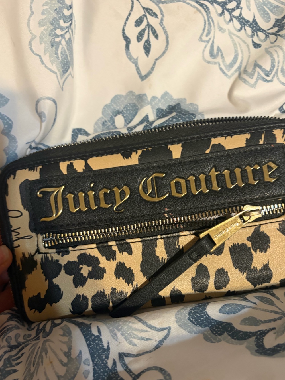 Juicy Couture Leopard Print Zip Wallet in Black and Tan with Gold Hardware